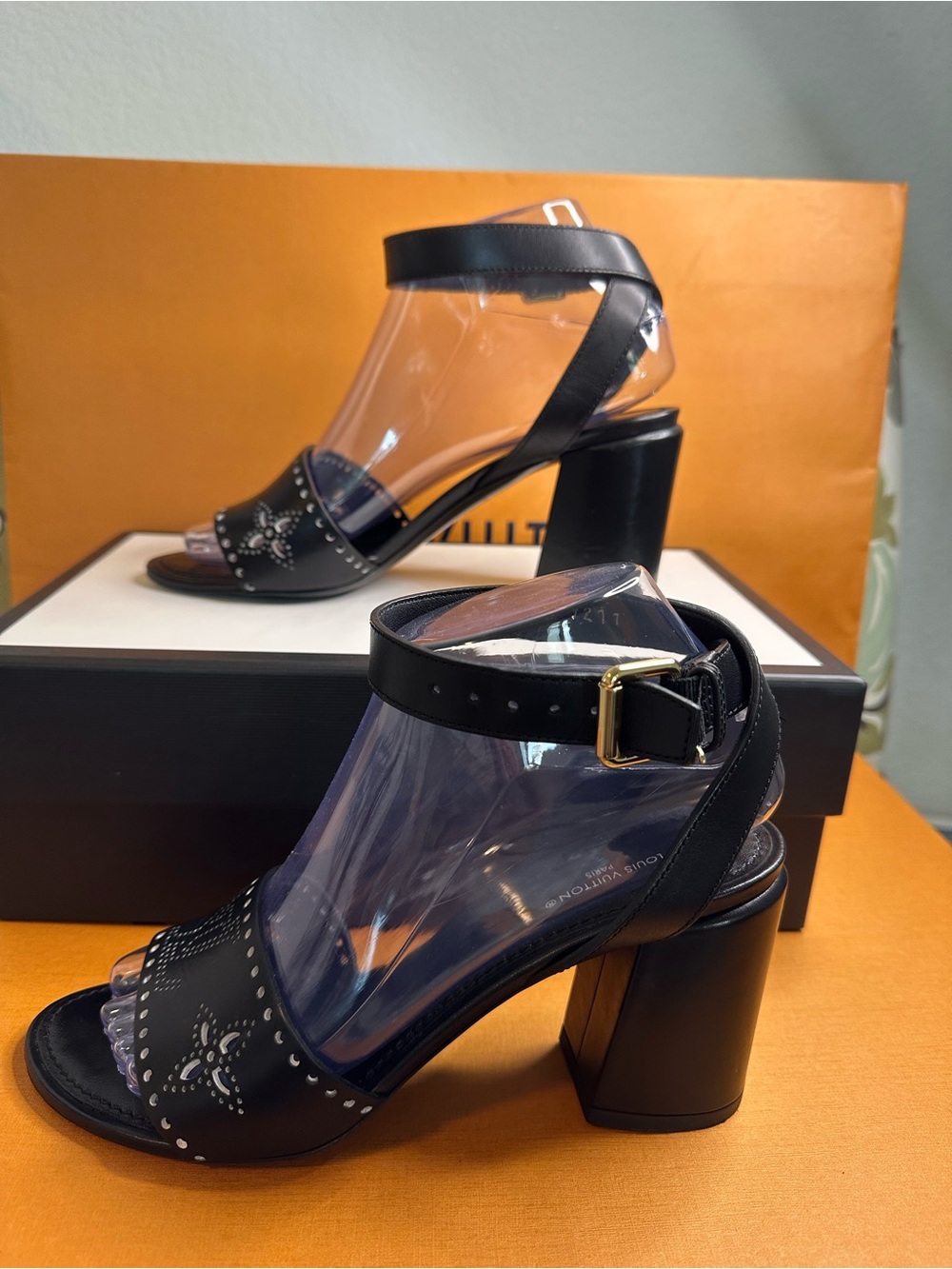 Louis Vuitton Black Studded Block Heel Sandals with Gold Buckle